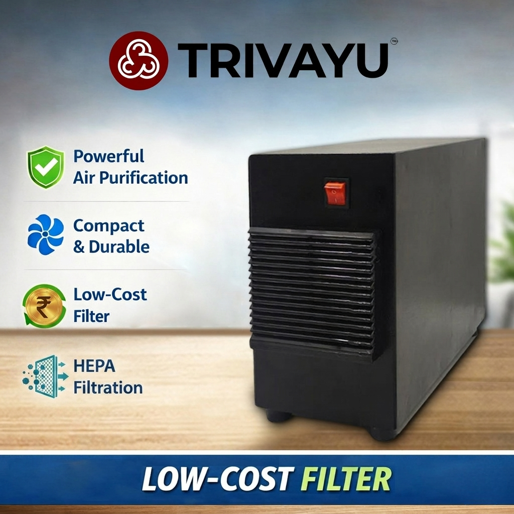 A promotional image highlighting four main benefits of the Trivayu Core: Powerful Air Purification, Compact & Durable design, Low-Cost Filter, and HEPA Filtration.