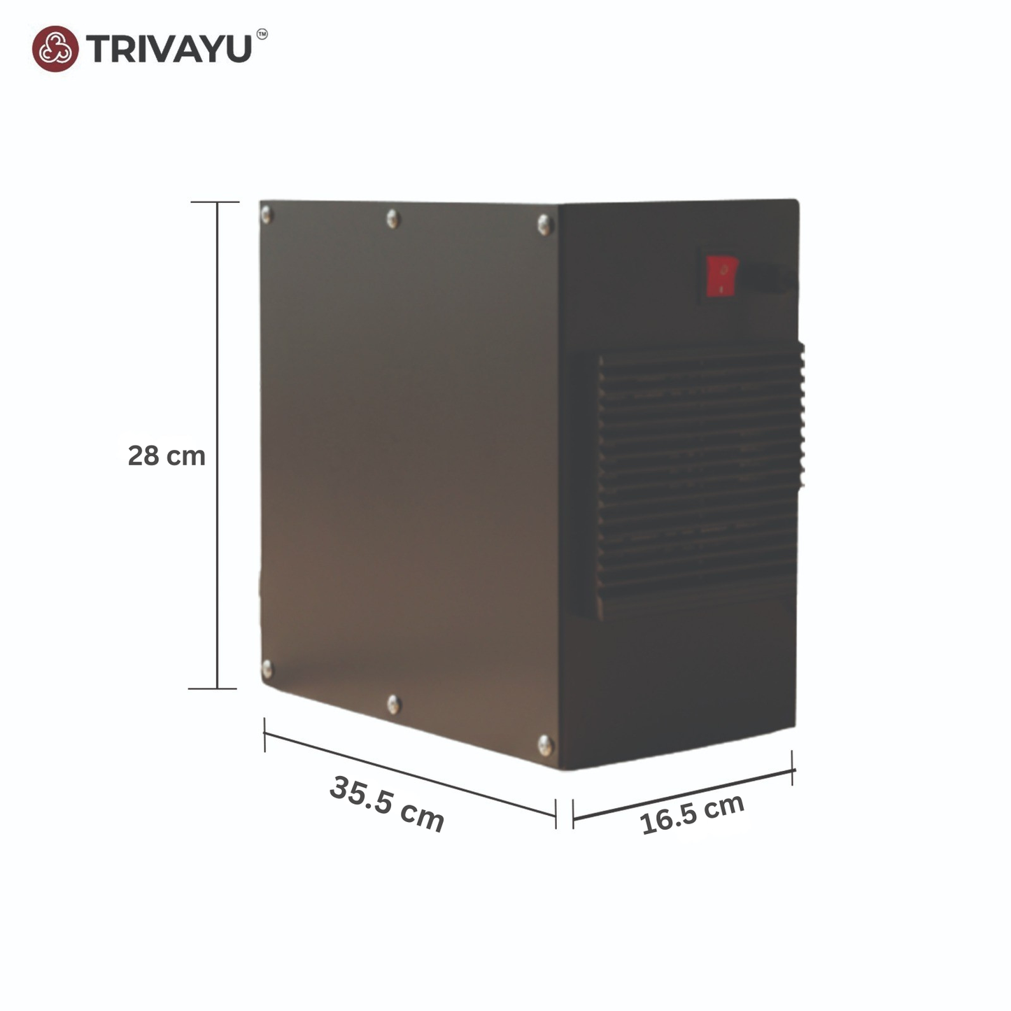 A technical drawing of the Trivayu Core Plus showing its compact dimensions.
