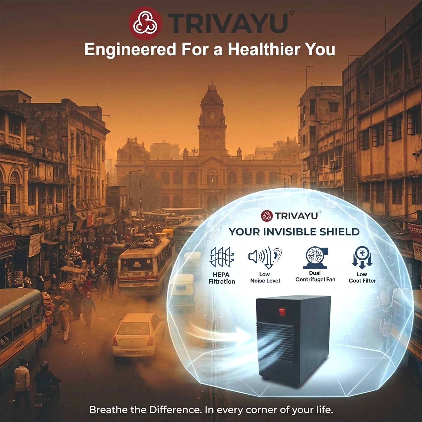 The Trivayu Core Plus air purifier shown as an "invisible shield" against heavy city smog, highlighting HEPA filtration and dual centrifugal fans for a healthier environment.
