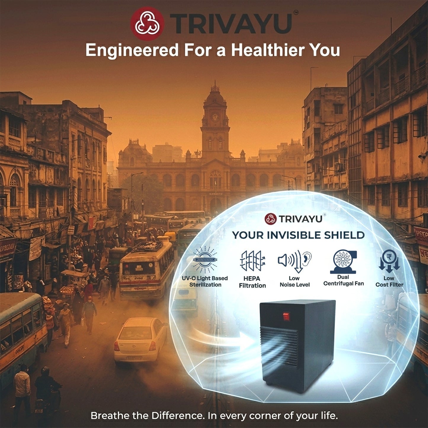 Trivayu UV Pro air purifier illustrated with a protective shield representing airborne particle removal.