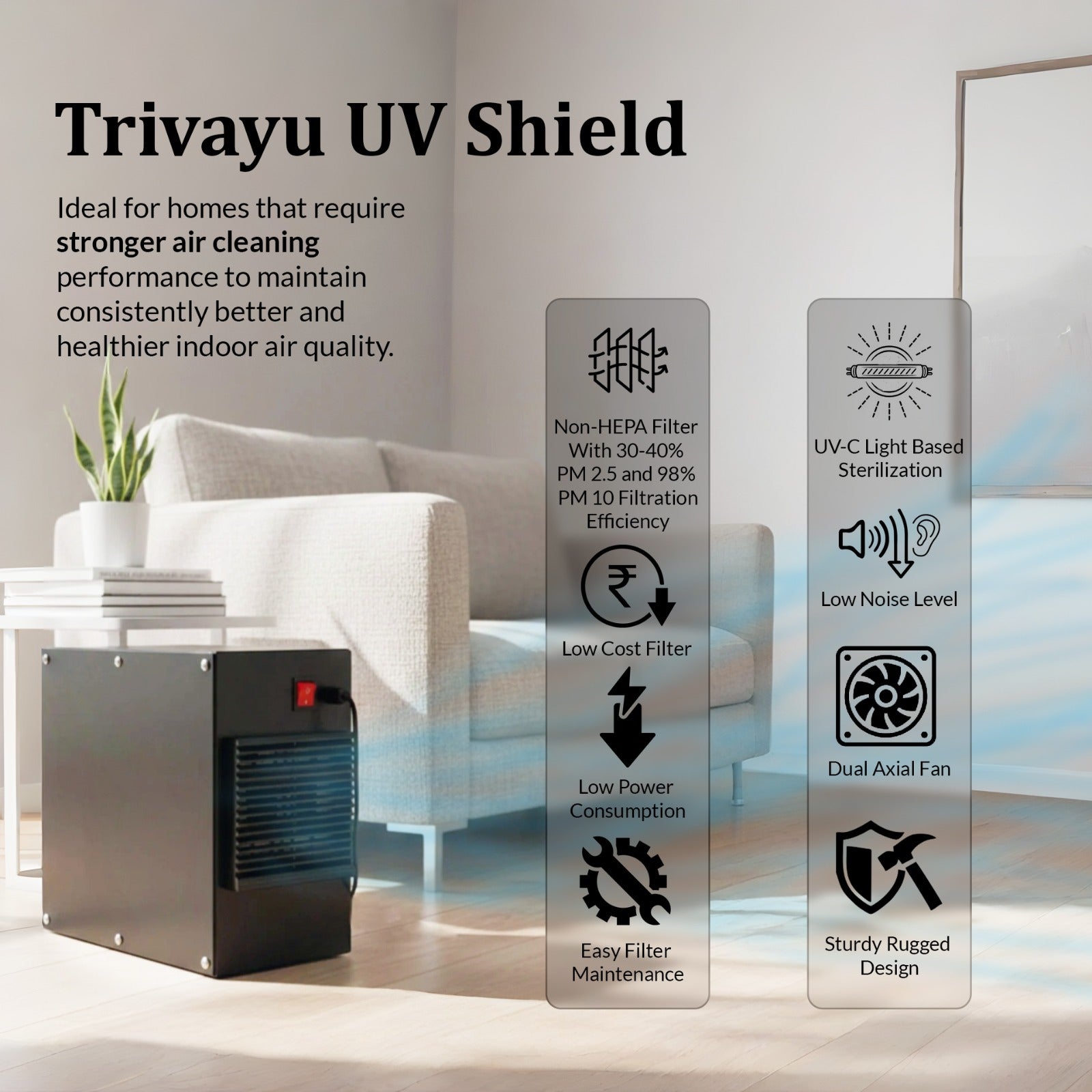 Trivayu UV Shield air cleaning device with features listed on a modern living room background.